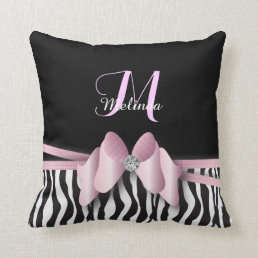 Pink Zebra Striped Bowed | Personalize Throw Pillow