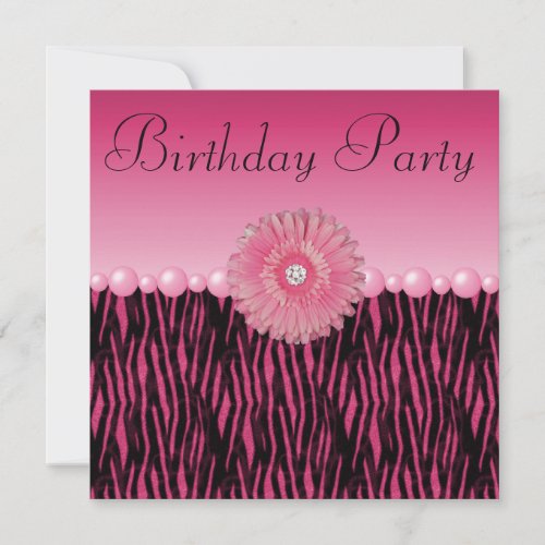 Pink Zebra Stripes Flower &amp; Pearls Birthday Party Invite