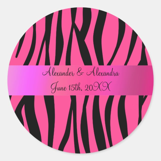 Pink zebra stripes wedding favors classic round sticker (Front)