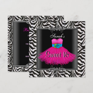 Pink Zebra Sweet Sixteen 16 Birthday Black Dress Invitation