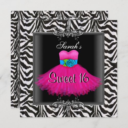 Pink Zebra  Sweet Sixteen 16 Birthday Black Dress Invitation