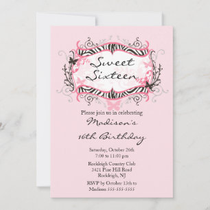 Pink Zebra Sweet Sixteen Birthday Invitation