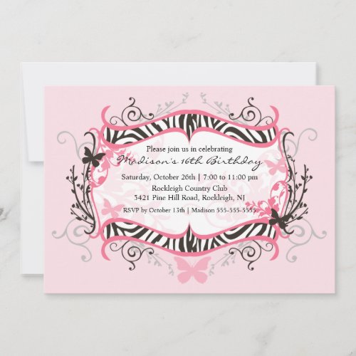 Pink Zebra Sweet Sixteen Birthday Invitation