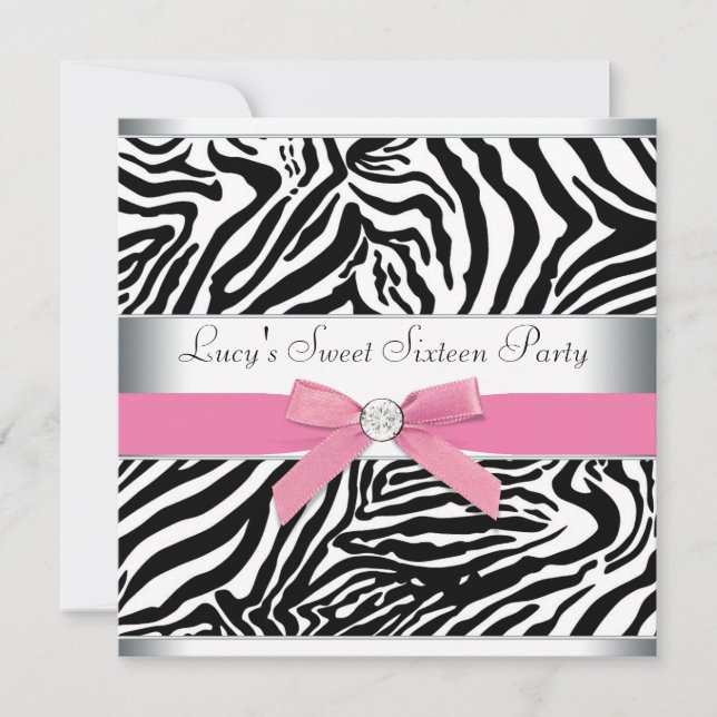 Pink Zebra Sweet Sixteen Birthday Party Invitation (Front)