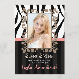 Pink Zebra Sweet Sixteen Photo Invitations
