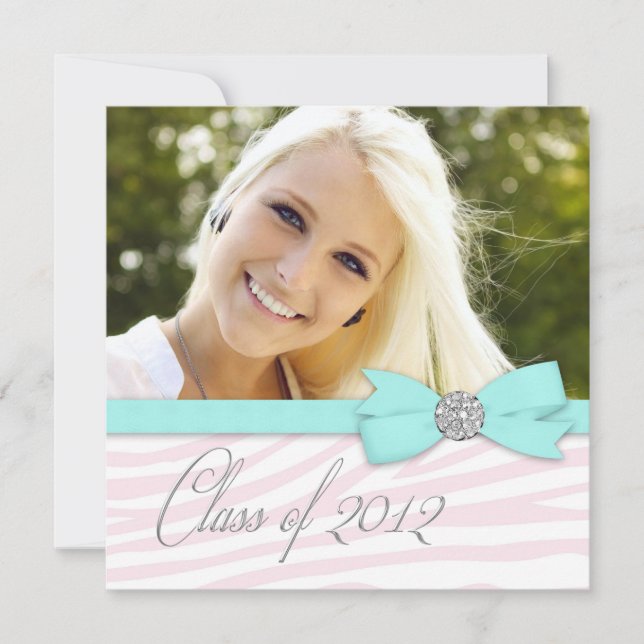 Pink Zebra Teal Blue Photo Graduation Announcement (Front)