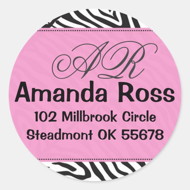 Pink Zebra with initials Classic Round Sticker (Front)