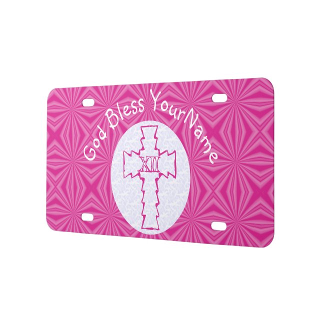 Pink Zig-Zag Christian Cross on White and Pink License Plate (Left)