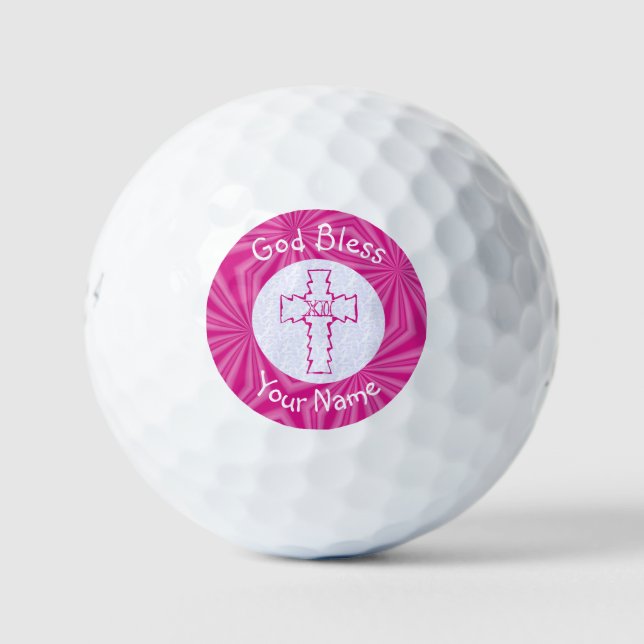 Pink Zig Zag Christian Cross Personalized Golf Balls (Front)