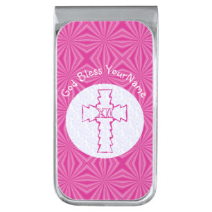 Pink Zig-Zag Christian Cross White Silver Finish Money Clip