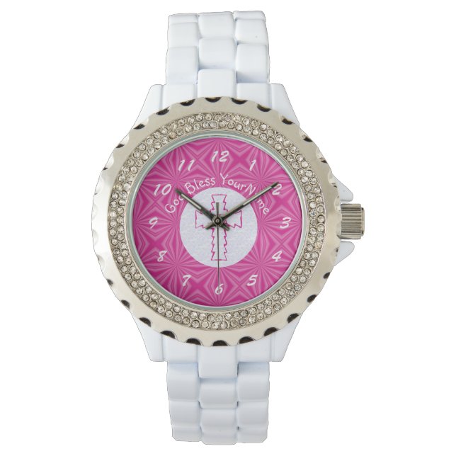 Pink Zig Zag Cross on White and Bright Pink Watch (Front)
