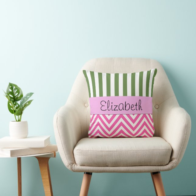 Pink Zigzag, Chevron, Green Stripes, Your Name Throw Pillow (Chair)