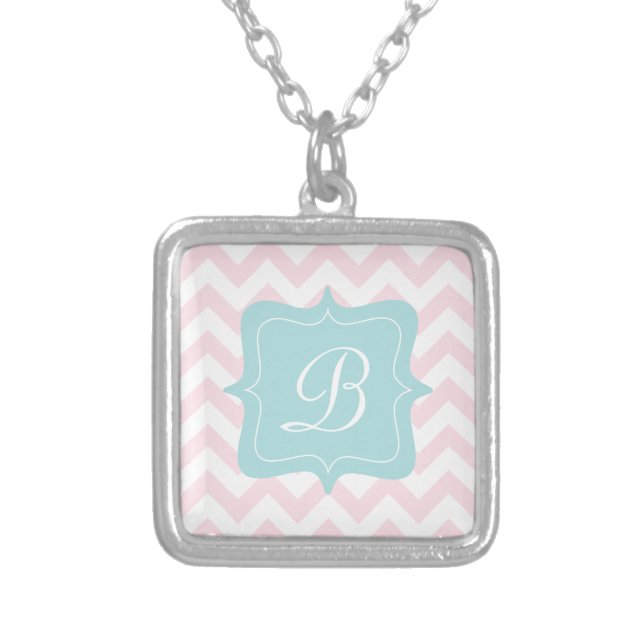 Pink Zigzag Monogram Silver Plated Necklace (Front)