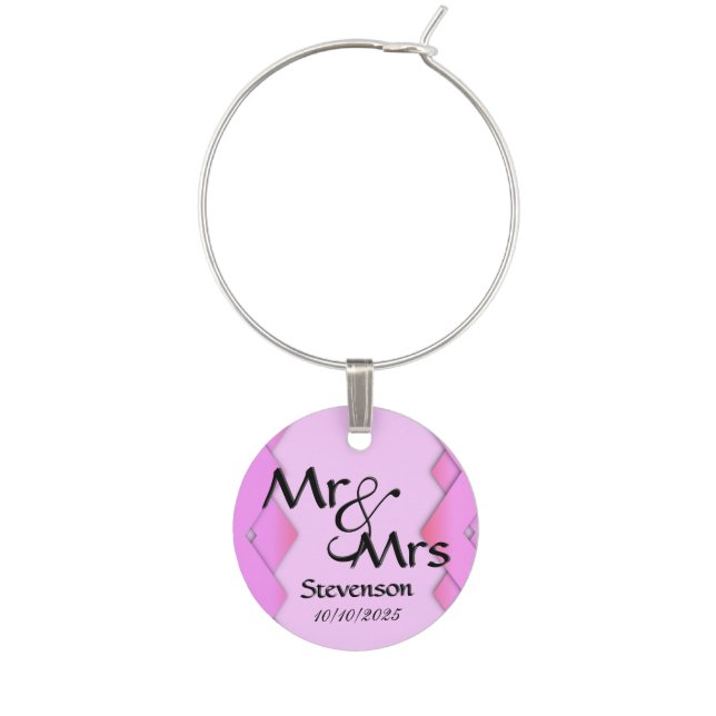 Pink Zigzag Mr and Mrs Monogram Wine Charm (Front)