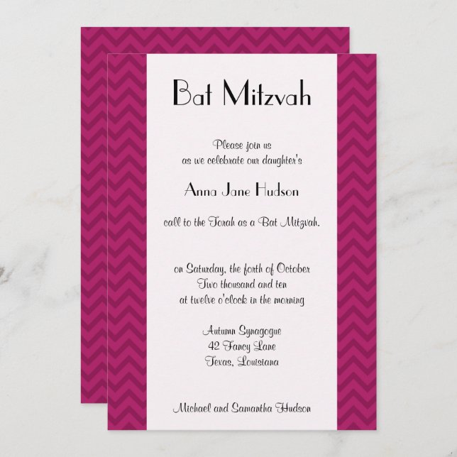 Pink Zigzag, Pink Chevron, Bat Mitzvah Invitation (Front/Back)