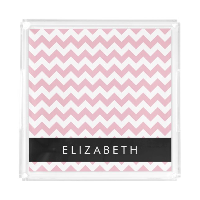 Pink Zigzag, Pink Chevron, Wave Pattern, Your Name Acrylic Tray (Front)