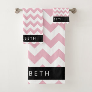 Pink Zigzag, Pink Chevron, Wave Pattern, Your Name Bath Towel Set