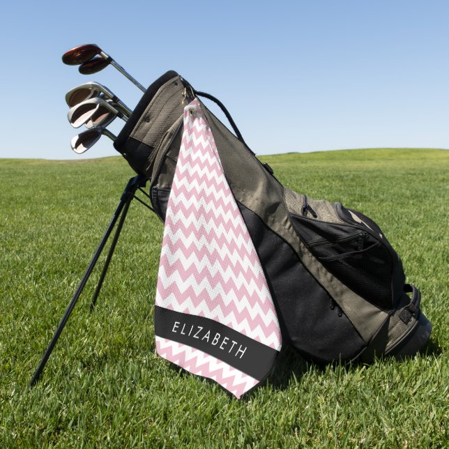 Pink Zigzag, Pink Chevron, Wave Pattern, Your Name Golf Towel (Green)