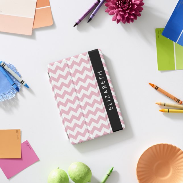 Pink Zigzag, Pink Chevron, Wave Pattern, Your Name iPad Mini Cover (In Situ)