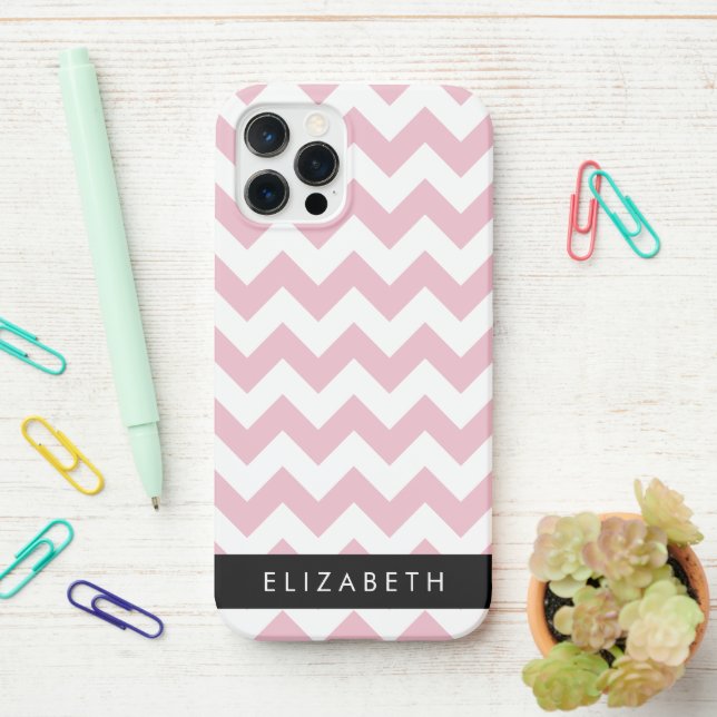 Pink Zigzag, Pink Chevron, Wave Pattern, Your Name iPhone Case (On Desk)