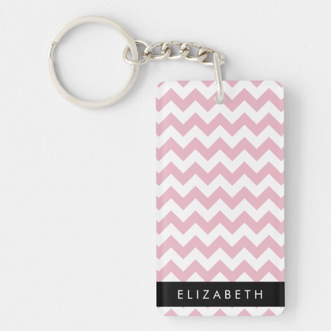 Pink Zigzag, Pink Chevron, Wave Pattern, Your Name Keychain (Front)