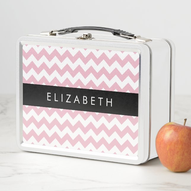 Pink Zigzag, Pink Chevron, Wave Pattern, Your Name Metal Lunch Box (In Situ)