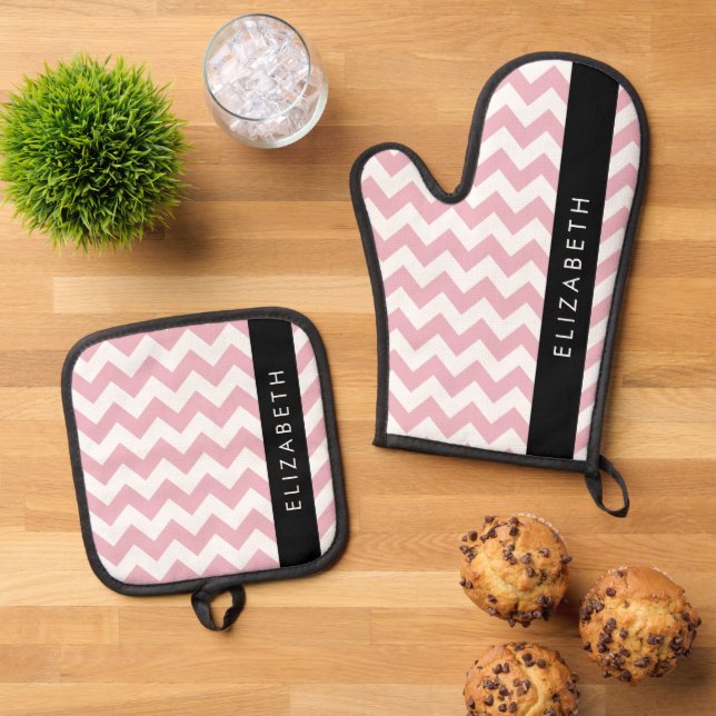 Pink Zigzag, Pink Chevron, Wave Pattern, Your Name Oven Mitt & Pot Holder Set (Top Down)