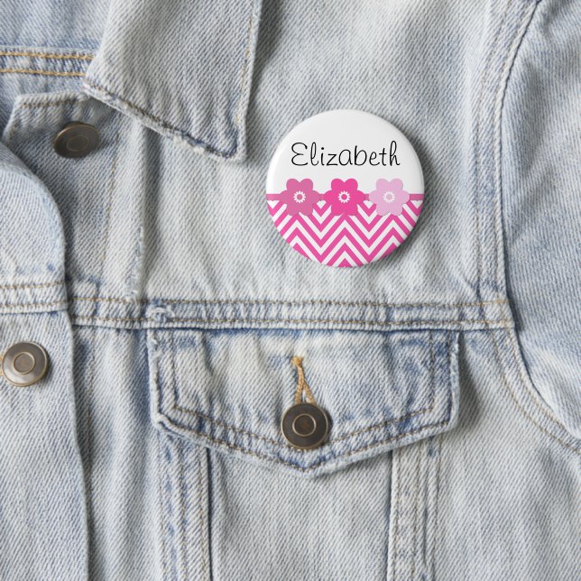 Pink Zigzag, Pink Chevron, Wave Pattern, Your Name Pinback Button (In Situ)