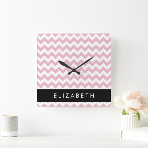 Pink Zigzag Pink Chevron Wave Pattern Your Name Square Wall Clock