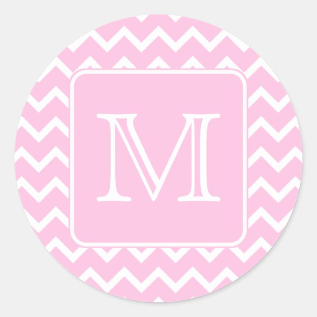 Pink Zigzags with Custom Monogram. Classic Round Sticker (Front)