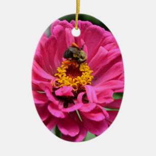 Pink Zinnia and Bumble bee Ceramic Ornament