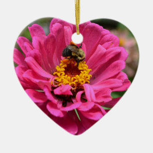 Pink Zinnia and Bumble bee Ceramic Ornament