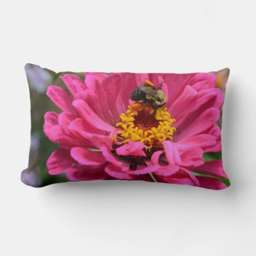 Pink Zinnia and Bumble bee Lumbar Pillow