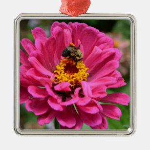 Pink Zinnia and Bumble bee Metal Ornament