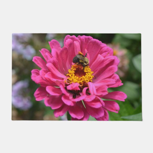 Pink Zinnia and Bumble bee Outdoor Pillow Doormat