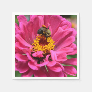 Pink Zinnia and Bumble bee Paper Napkins