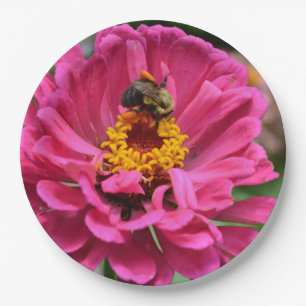 Pink Zinnia and Bumble bee Paper Plates