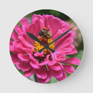 Pink Zinnia and Bumble bee Round Clock