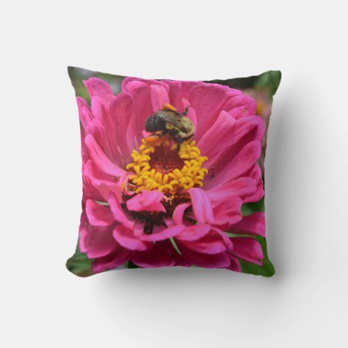 Pink Zinnia and Bumble bee Throw Pillow
