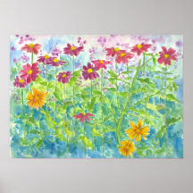 Pink Zinnia Daisy Garden Watercolor Flowers