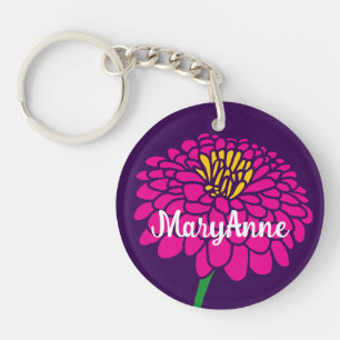 Pink Zinnia flower keychain with custom name