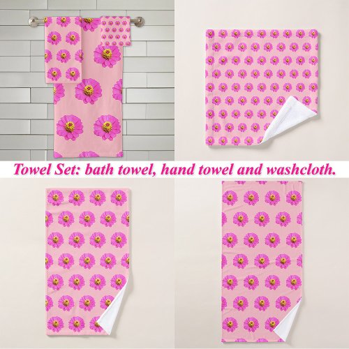 Pink Zinnia Flower Seamless Pattern on Bath Towel Set