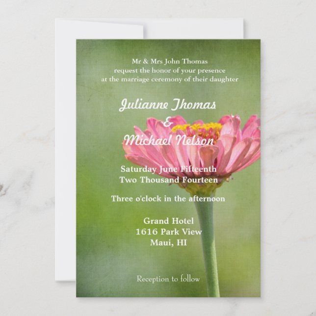 Pink Zinnia Flower Wedding Invitation (Front)