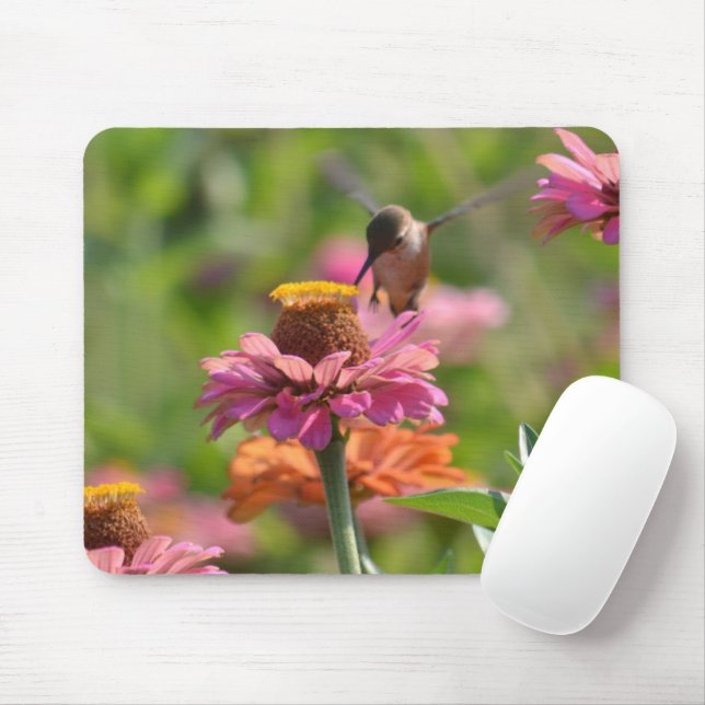 Pink Zinnia Flowers Hummingbird Photography Mouse Pad (With Mouse)