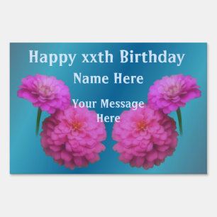 Pink Zinnia Flowers Personalized Birthday Sign