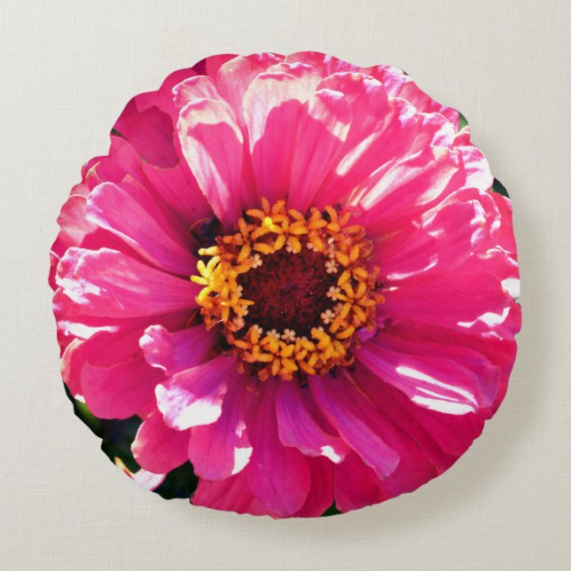 Pink Zinnia Round Pillow (Front)