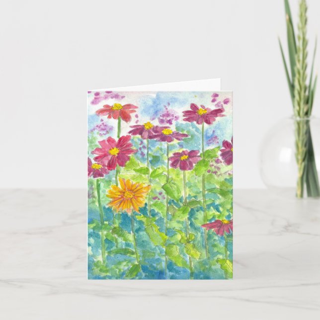 Pink Zinnia Wildflower Watercolor Blank Note Card (Front)
