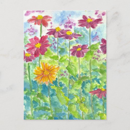 Pink Zinnia Wildflower Watercolor Garden Art Postcard