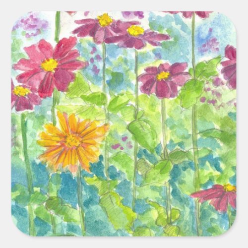 Pink Zinnia Wildflower Watercolor Garden Square Sticker