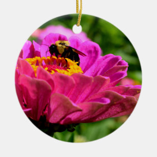 Pink Zinnia with bumble bee Ceramic Ornament